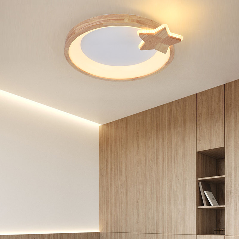 儿童房圆形房间灯卡通卧室灯吸顶灯现代简约日式原木创意主卧灯具
