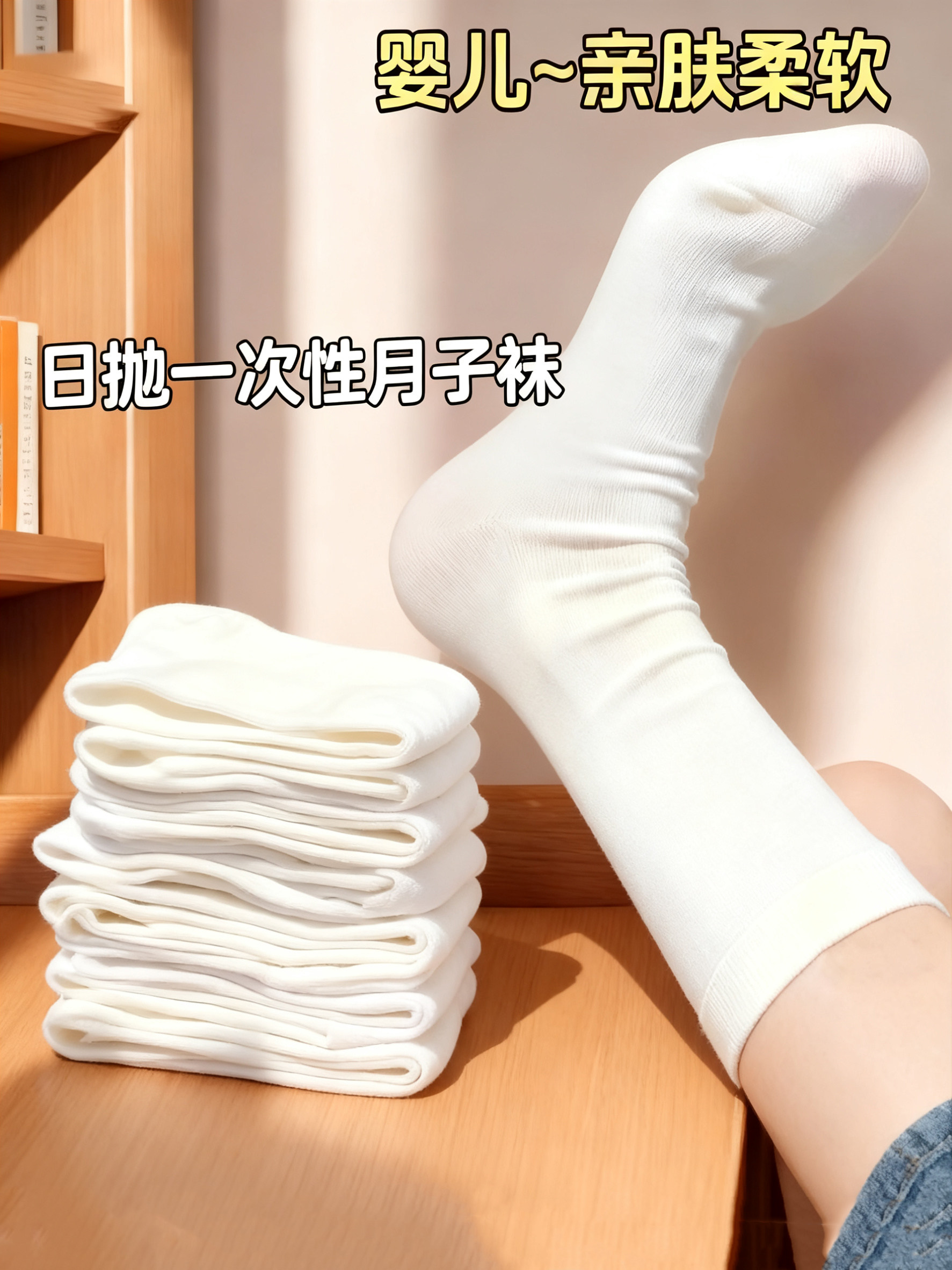 50双一次性袜子女款无骨袜月子袜女士纯色棉袜白袜春秋堆堆袜日抛
