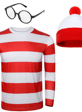 Wheres Wally Costume Red Stripe Shirt Hat Glasses Full Sets