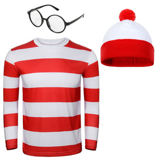 Wheres Wally Costume Red Stripe Shirt Hat Glasses Full Sets