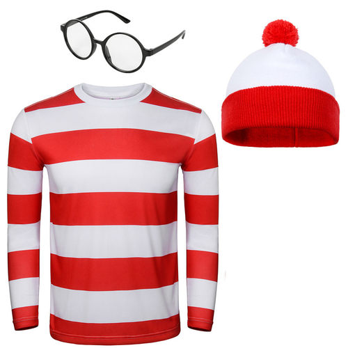 Wheres Wally Costume Red Stripe Shirt Hat Glasses Full Sets