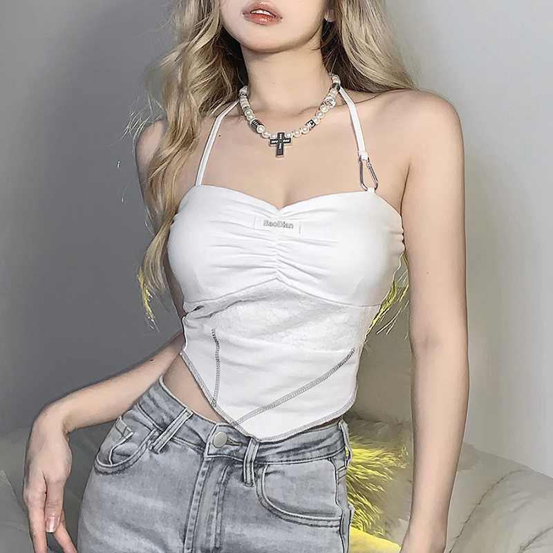 法式纯欲白色挂脖吊带背心不规则显瘦露背百搭短上衣女White vest
