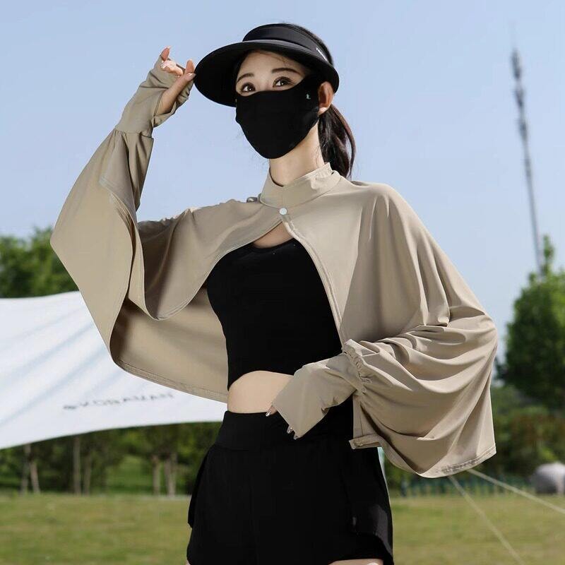 防晒披肩女夏2026新款骑车开车冰丝透气防紫外线袖套一体斗篷开衫