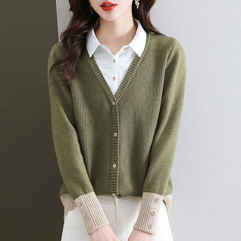 中年妈妈装假两件本命年红色毛衣女春秋宽松大码上衣衬衫领打底衫