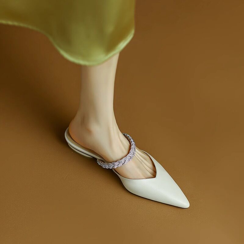 蒂尼登羊皮真皮法式水钻半包头凉拖鞋百搭水晶粗跟中跟外穿半托女