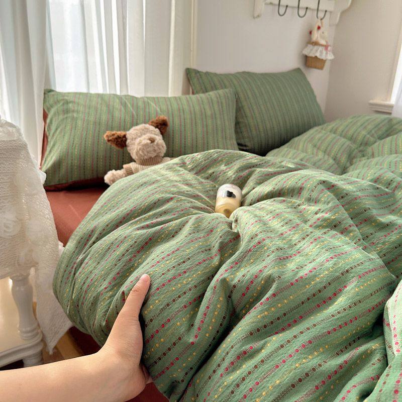 ins简约条纹云感双层纱四件套床单被套学生宿舍三件套韩式素色风
