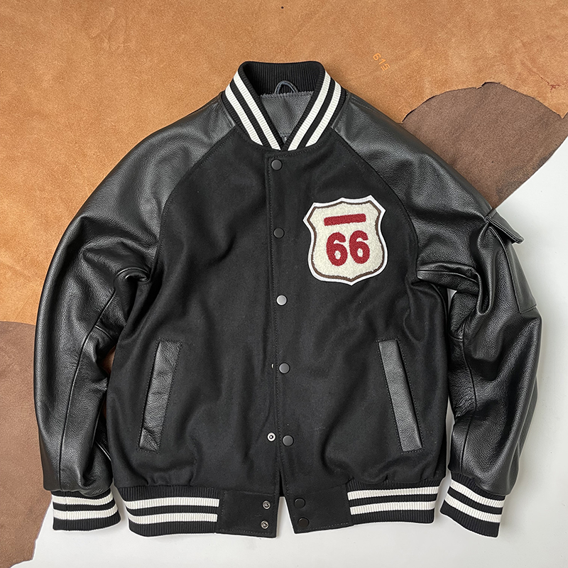 刺绣真皮夹克立领宽松时尚外套