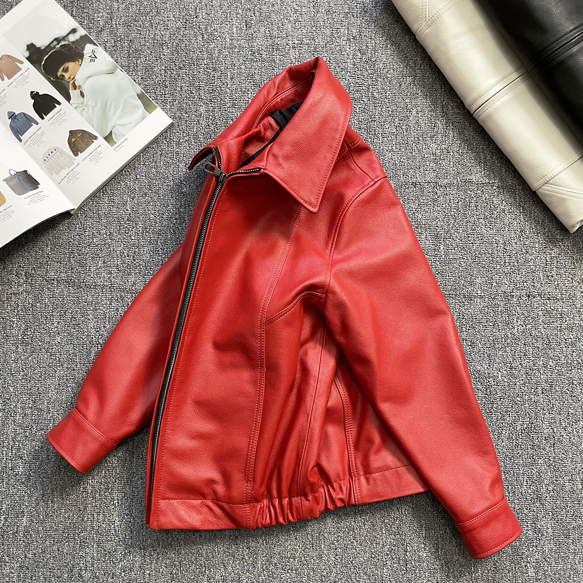 高级感复古皮夹克红色头层小牛皮