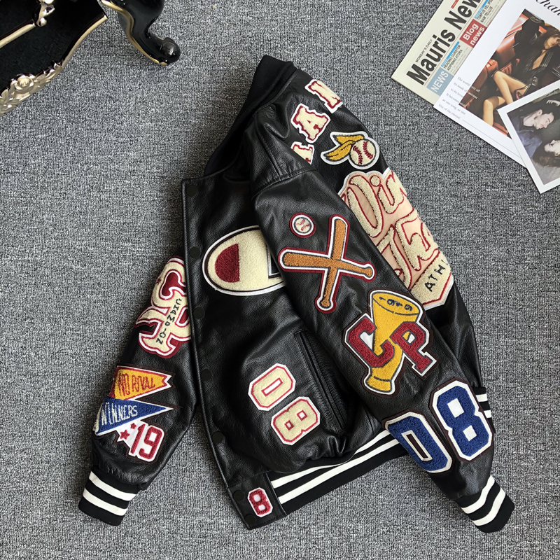 刺绣宽松真皮皮衣棒球服