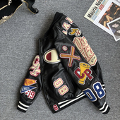 新款 真皮皮衣男牛皮机车夹克春秋休闲外套刺绣短上衣宽松棒球服潮