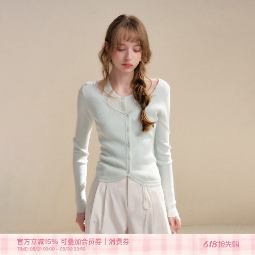 羊毛混纺波浪花边假两件针织开衫