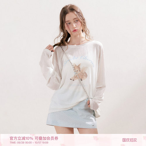 法式手绘小鹿印花云朵罩衫T恤