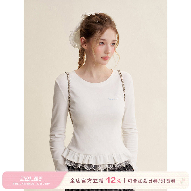 法式蕾丝荷叶边纯棉修身长袖T恤