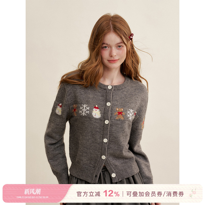 羊毛混纺小熊雪人圆领针织开衫