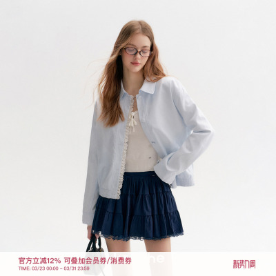 苎麻棉蕾丝花边拼接翻领夹克外套