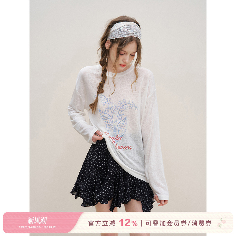 莱赛尔手绘铃兰花微透长袖罩衫