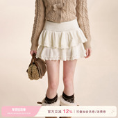Kroche 半身裙 蕾丝镂空边高腰蛋糕短款 浪漫法式 羊毛混纺