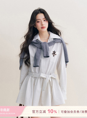 Kroche 25aw Geek chic 假两件 全棉撞色条纹立体抽褶衬衫连衣裙