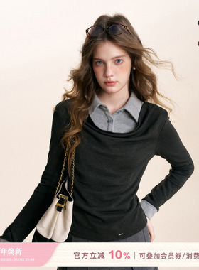 Kroche 25aw Geek chic 时尚撞色假两件荡领收腰抽褶长袖针织衬衫