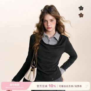 chic Geek 时尚 撞色假两件荡领收腰抽褶长袖 Kroche 针织衬衫 25aw