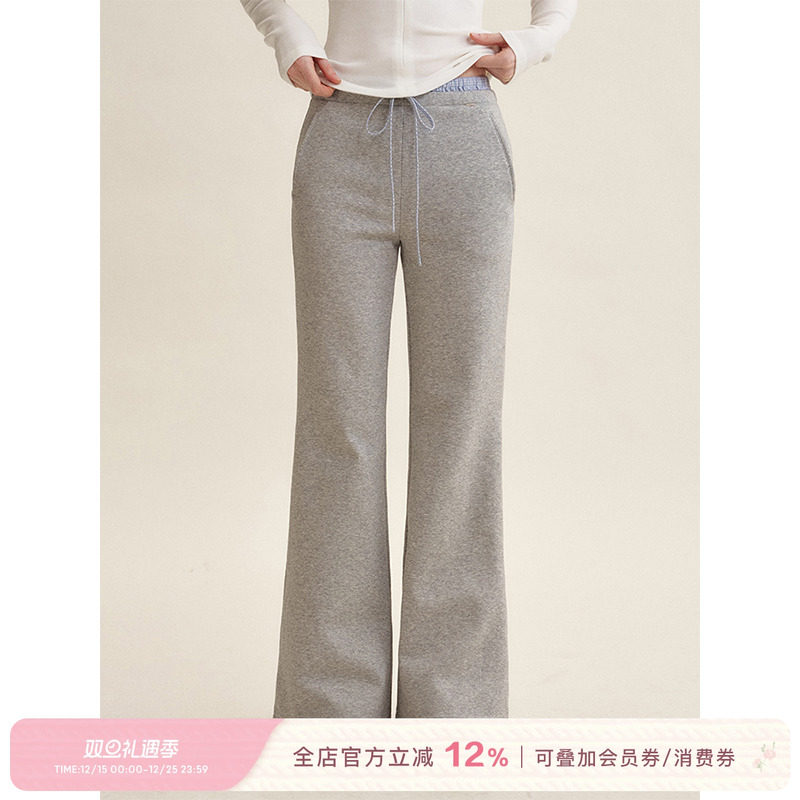 格纹拼接高腰微喇休闲裤卫裤