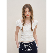 Kroche 25ss 纯白悸动 假两件设计 镂空刺绣蕾丝拼接短袖衬衫