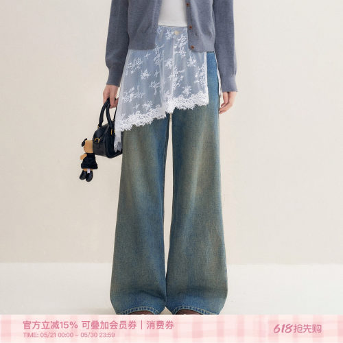 慵懒休闲复古做旧宽松阔腿牛仔裤