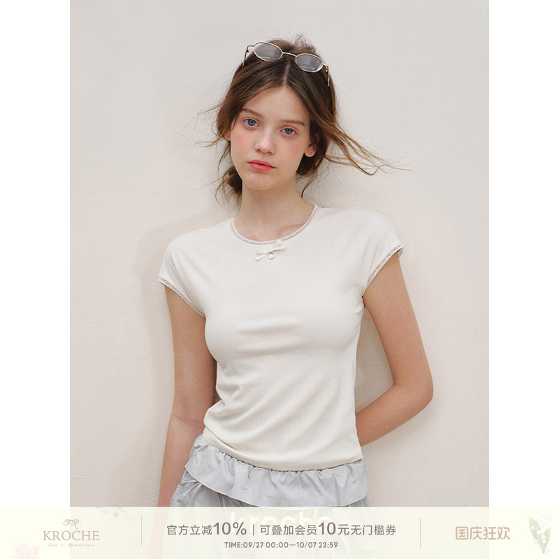 蕾丝花边拼接圆领百搭短袖T恤