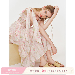 水粉油画系带吊带蛋糕连衣长裙 花卉满印 Kroche 莫奈花园