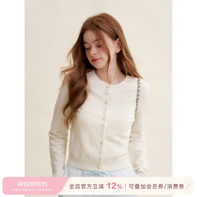 蝴蝶结刺绣珍珠扣圆领针织开衫