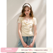 孟子义同款 T恤 蕾丝拼接假两件双层领短袖 Kroche 莱赛尔