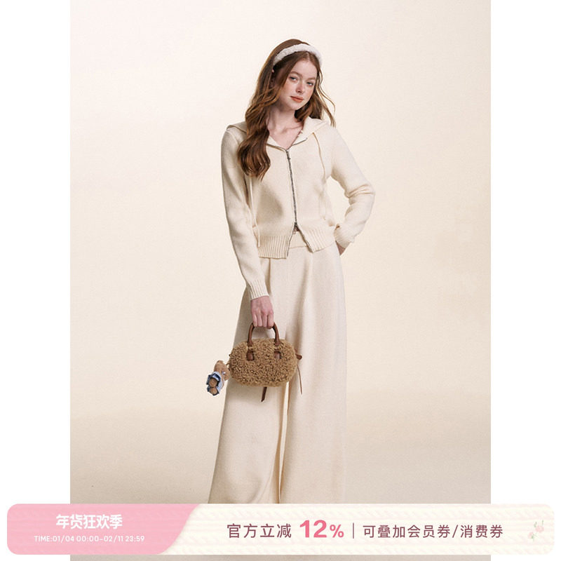 Kroche  慵懒法式 羊毛混纺 刺绣双拉链保暖针织外套长裤套装,女装/女士精品,时尚套装,淘宝优惠券,粉丝福利购,淘宝优惠卷