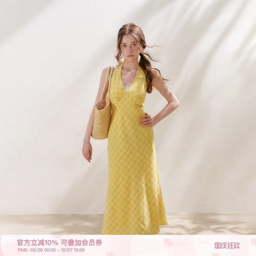 蝴蝶结绑带格纹挂脖吊带连衣裙