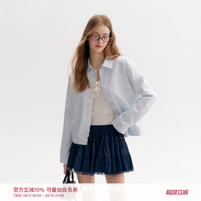 苎麻棉蕾丝花边拼接翻领夹克外套