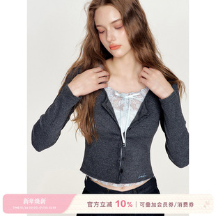 撞色拼接假两件开衫 王楚然同款 蕾丝镂空 蔓野玫瑰 Kroche