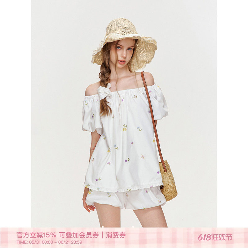 沈月同款 Kroche  南法夏日花园 刺绣花卉 泡泡袖花苞裤套装