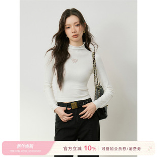 女白色t恤内搭上衣秋冬款 打底针织衫 爱心烫钻高领修身 Kroche