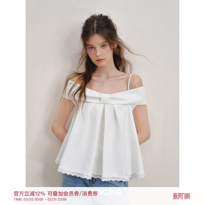 立体蝴蝶结精梳棉一字肩A摆吊带