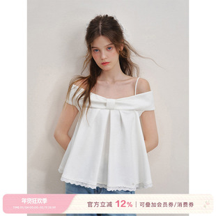 Kroche bowknot 立体蝴蝶结 精梳棉一字肩宽松A摆吊带上衣