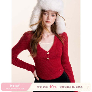 新年毛衣 蝴蝶结短貂绒假两件V领针织打底衫 Kroche 绒绒暖意