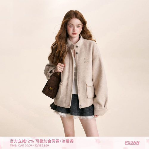 羊毛混纺贴布绣宽松廓型毛呢外套