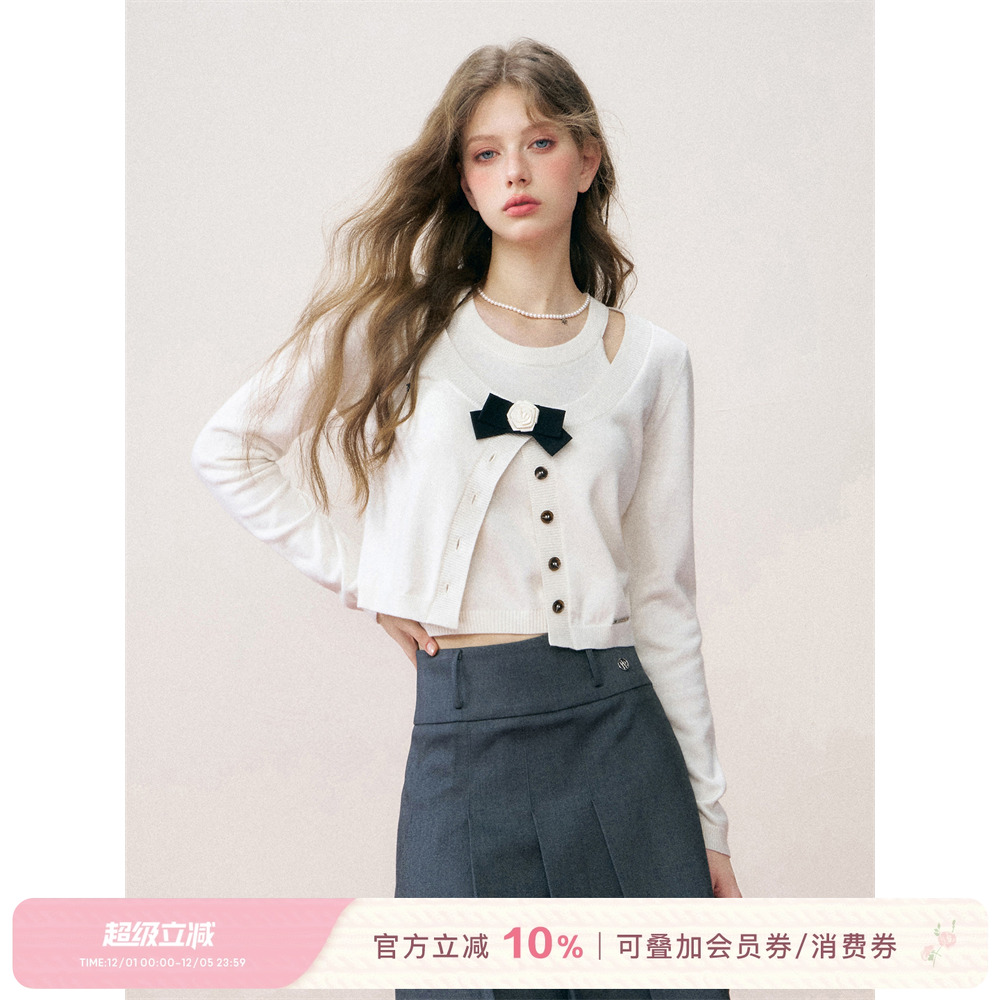 Kroche  知识分子 柔顺桑蚕丝羊毛 山茶花两件套开衫twin-set