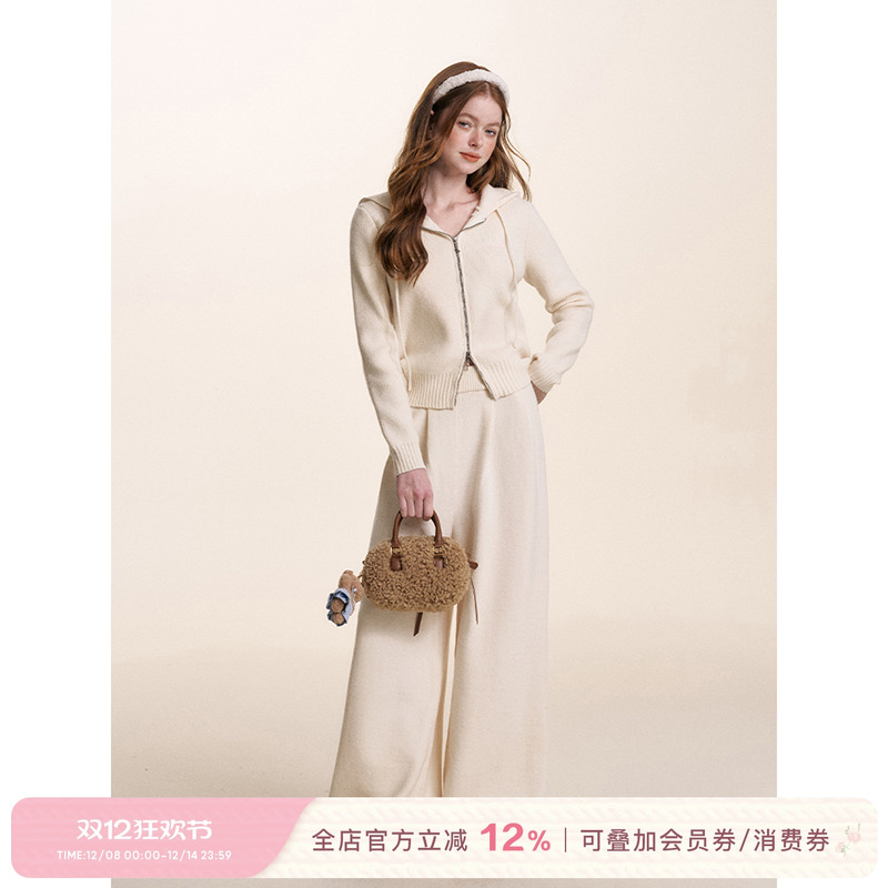 Kroche  慵懒法式 羊毛混纺 刺绣双拉链保暖针织外套长裤套装