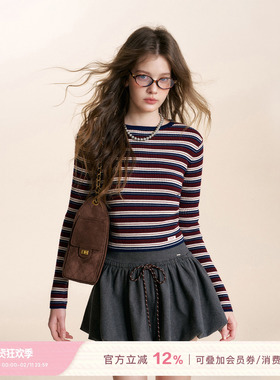 Kroche  Geek chic 复古条纹 羊毛混纺 圆领套头针织打底T恤