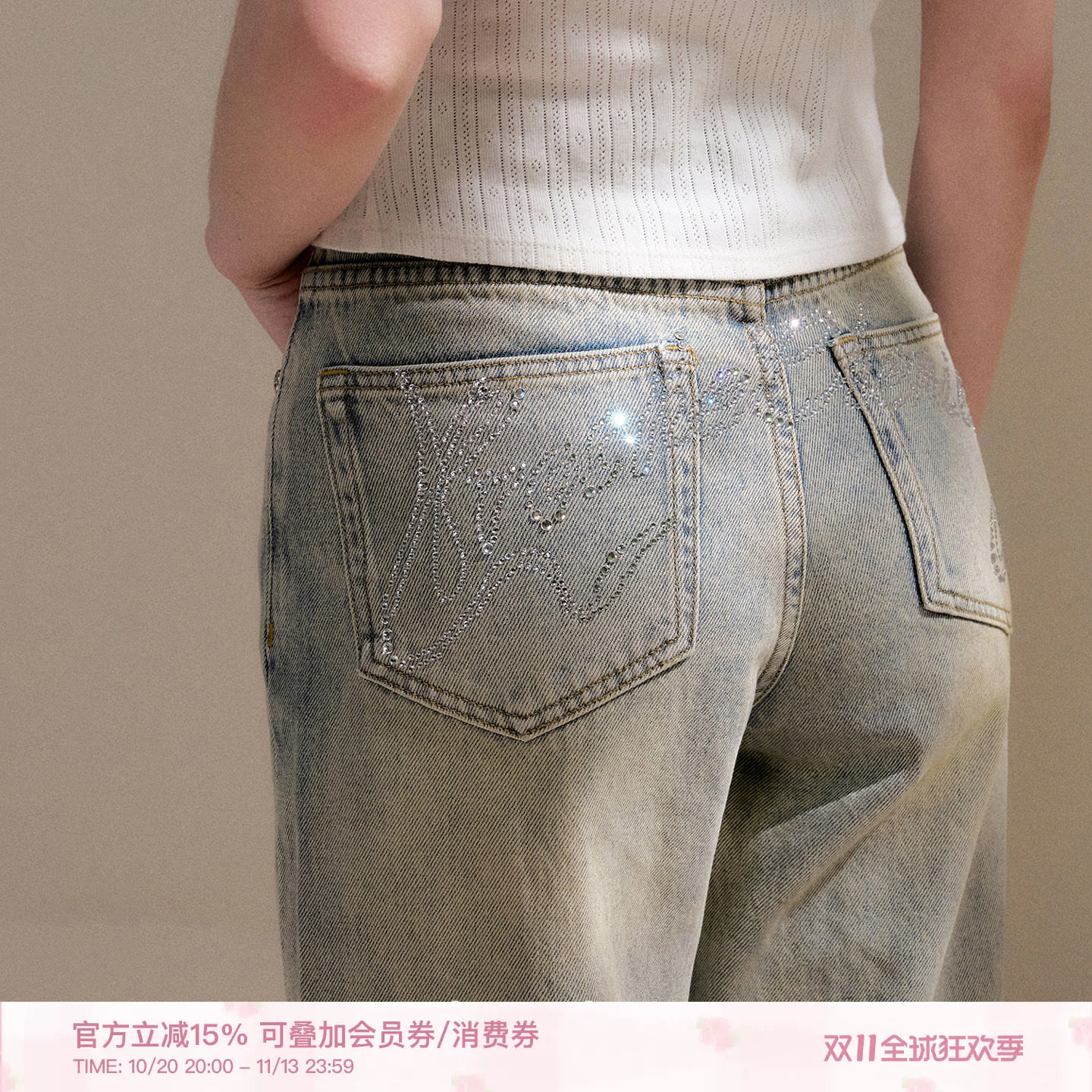 Kroche 26ss 碎落星河 重工烫钻logo 复古水洗做旧显瘦直筒牛仔裤
