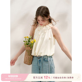 卢昱晓同款 Kroche 立体花卉舒适肌理感挂脖花苞A字型上衣