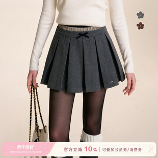 假两件格纹拼接 Kroche chic Geek 植绒蝴蝶结百褶A字半身裙 25aw