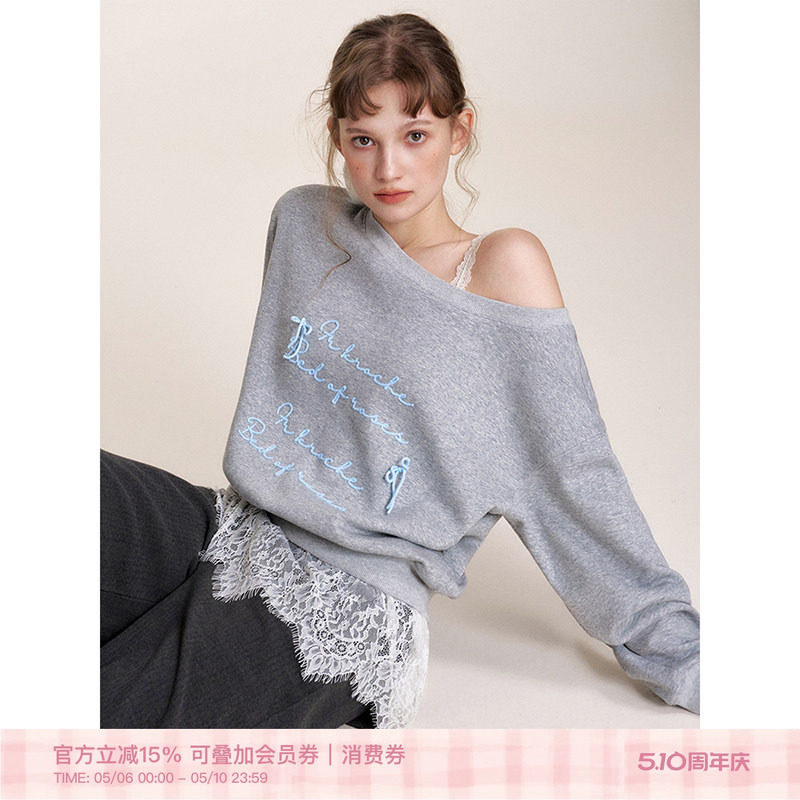 孔雪儿同款 Kroche  Blokette 斜肩撞色毛线绣暖芙绒灰色卫衣