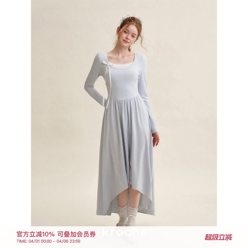 Kroche  浪漫法式 假两件设计 蕾丝拼接镂空肌理连衣裙