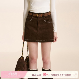 25aw 全棉灯芯绒高腰A字短款 safari 重工刺绣 半身裙 core Kroche